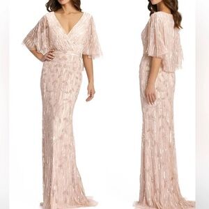New Mac Duggal 9064 Sequined V Neck Sheath Blush Pink Sleeved Maxi Formal dress